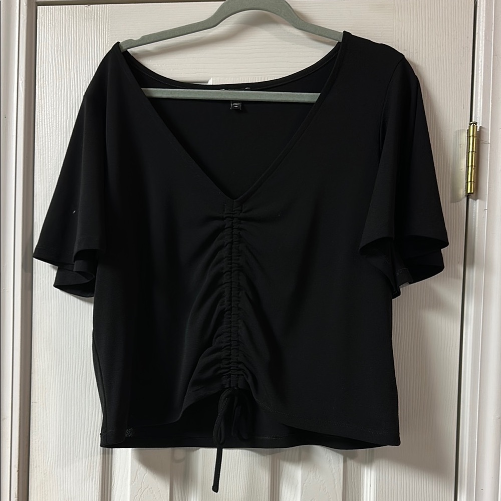 Express Black V-Neck Ruched Front Crop Top